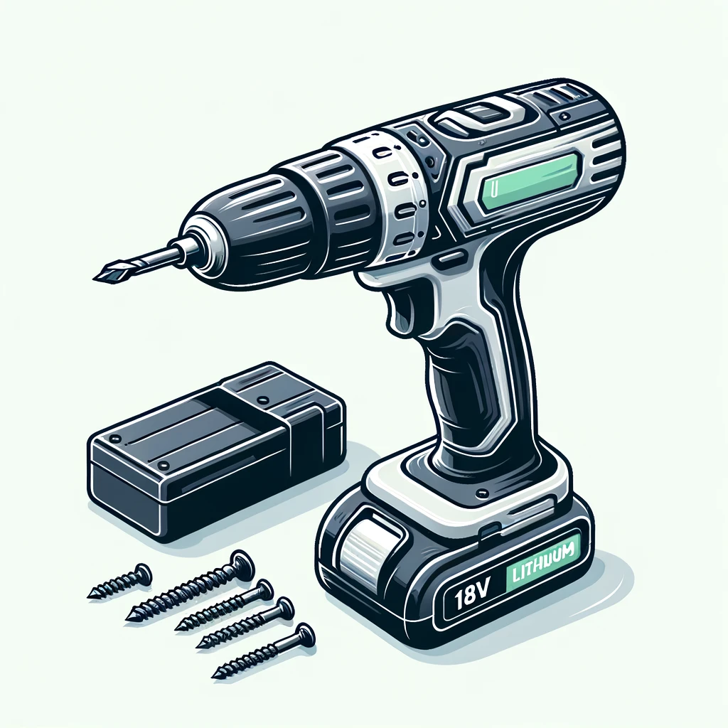 Illustration of a cordless drill with an attached battery clearly marked as 'Lithium 18V', set against a light backdrop with some screws scattered nearby.