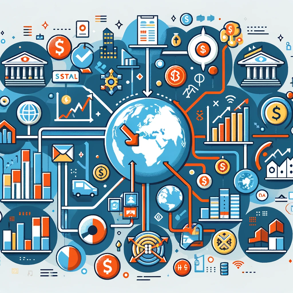 An infographic showing the interconnectedness of China's real estate market with the global economy, depicting investment flows, impacts on global financial markets, and potential downturn risks.