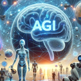 Visualize AGI Artificial General Intelligence by combining elements of artificial intelligence such as neural networks robots and brain like struct