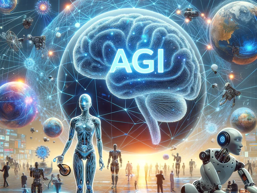 Visualize AGI Artificial General Intelligence by combining elements of artificial intelligence such as neural networks robots and brain like struct