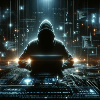 a shadowy figure of a hacker in a dark, ominous environment, surrounded by glowing code and numbers, in a wide format. This visualization captures the sinister aspect of cyber threats and the urgency of cybersecurity