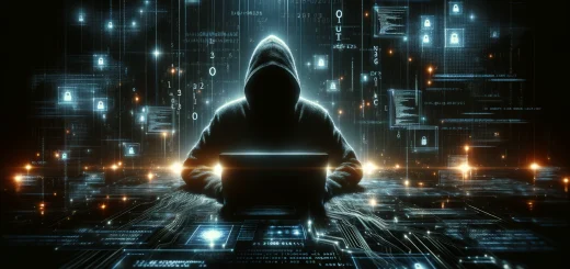 a shadowy figure of a hacker in a dark, ominous environment, surrounded by glowing code and numbers, in a wide format. This visualization captures the sinister aspect of cyber threats and the urgency of cybersecurity