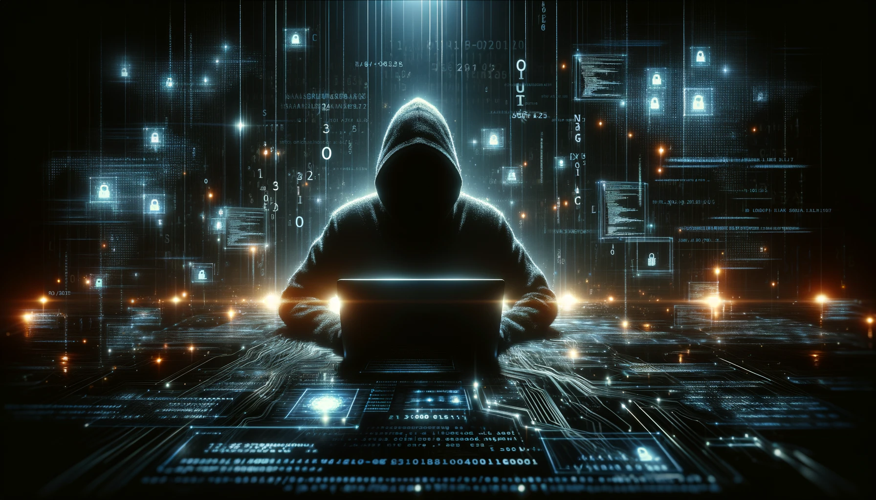 a shadowy figure of a hacker in a dark, ominous environment, surrounded by glowing code and numbers, in a wide format. This visualization captures the sinister aspect of cyber threats and the urgency of cybersecurity