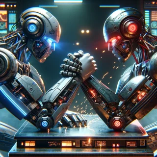 Here are the images of two robots engaged in an arm wrestling match. Let me know if there's anything else you'd like!