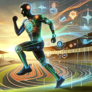 Here are the images showcasing an athlete with technological wearables and stylized data streams, set against a sports-themed backdrop. Each one interprets the fusion of technology and athleticism in the context of AI in sports.