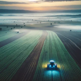 Eine Perspektive auf einen fortschrittlichen KI gesteuerten Traktor der arbeitet in einem Feld bei Sonnenuntergang. Die Landschaft ist in dem sanften indirekten Licht des Abends bedeckt.