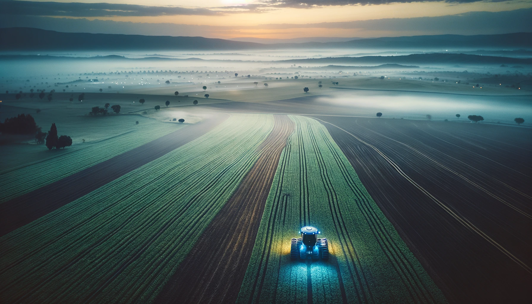 Eine Perspektive auf einen fortschrittlichen KI gesteuerten Traktor der arbeitet in einem Feld bei Sonnenuntergang. Die Landschaft ist in dem sanften indirekten Licht des Abends bedeckt.