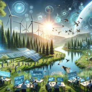 A futuristic landscape where technology and nature intertwine, with artificial intelligence systems monitoring and optimizing green energy sources.