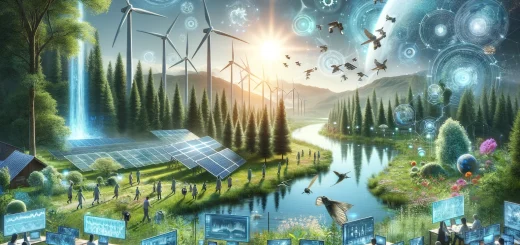 A futuristic landscape where technology and nature intertwine, with artificial intelligence systems monitoring and optimizing green energy sources.