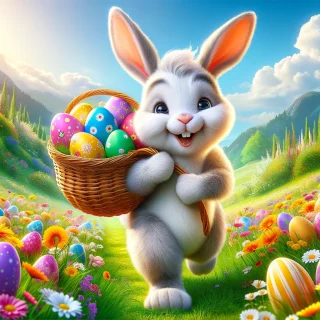 A cheerful Easter bunny is carrying a basket on its back, filled with colorful Easter eggs. The bunny is walking through a lush meadow, smiling as it looks around.