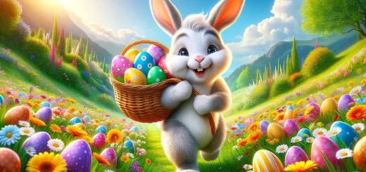 A cheerful Easter bunny is carrying a basket on its back, filled with colorful Easter eggs. The bunny is walking through a lush meadow, smiling as it looks around.