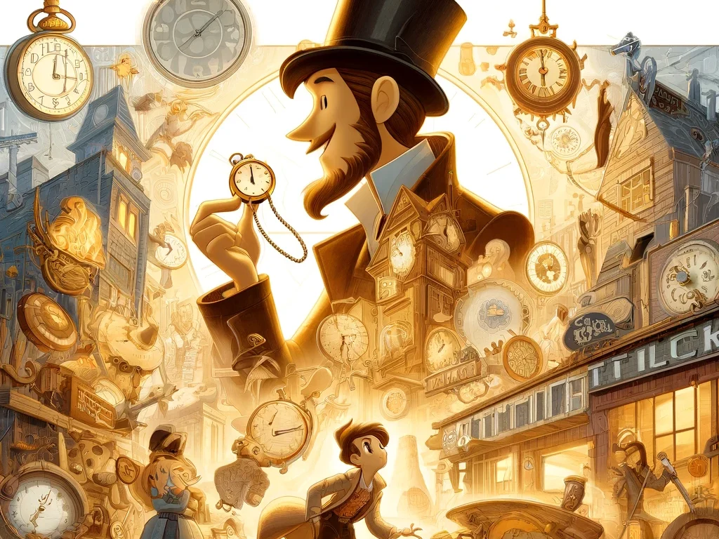 A captivating cover image for a book, capturing the essence of a story about time, featuring the characters Mr. Timeless and Mr.