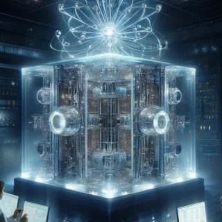 At the heart of a dimly lit, futuristic research lab sits a state-of-the-art quantum computer, its illumination a stark contrast to the surrounding darkness.