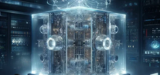 At the heart of a dimly lit, futuristic research lab sits a state-of-the-art quantum computer, its illumination a stark contrast to the surrounding darkness.