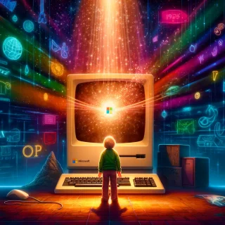 In a whimsical, colorful style, illustrate a young boy named Tim in 1975, full of wonder and curiosity, standing in front of a giant, glowing computer