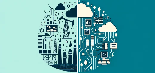 Halbiertes Bild, das auf der linken Seite Symbole der traditionellen Ölindustrie und auf der rechten Seite Elemente des modernen Computings zeigt, was den Wandel der Energiequellen von physischem Öl zu digitaler Rechenkraft veranschaulicht.