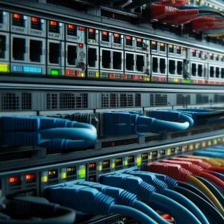 Here are the images showcasing a close-up view of a server rack with a variety of network cables in a data center, rendered in a photo-realistic style and widescreen aspect ratio.