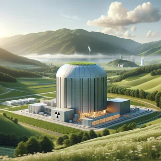 Bild eines modernen Small Modular Reactors (SMR) in einer ländlichen Szenerie, das die kompakte und modulare Bauweise des Reaktors in einer harmonischen Verbindung von Technologie und Natur zeigt.