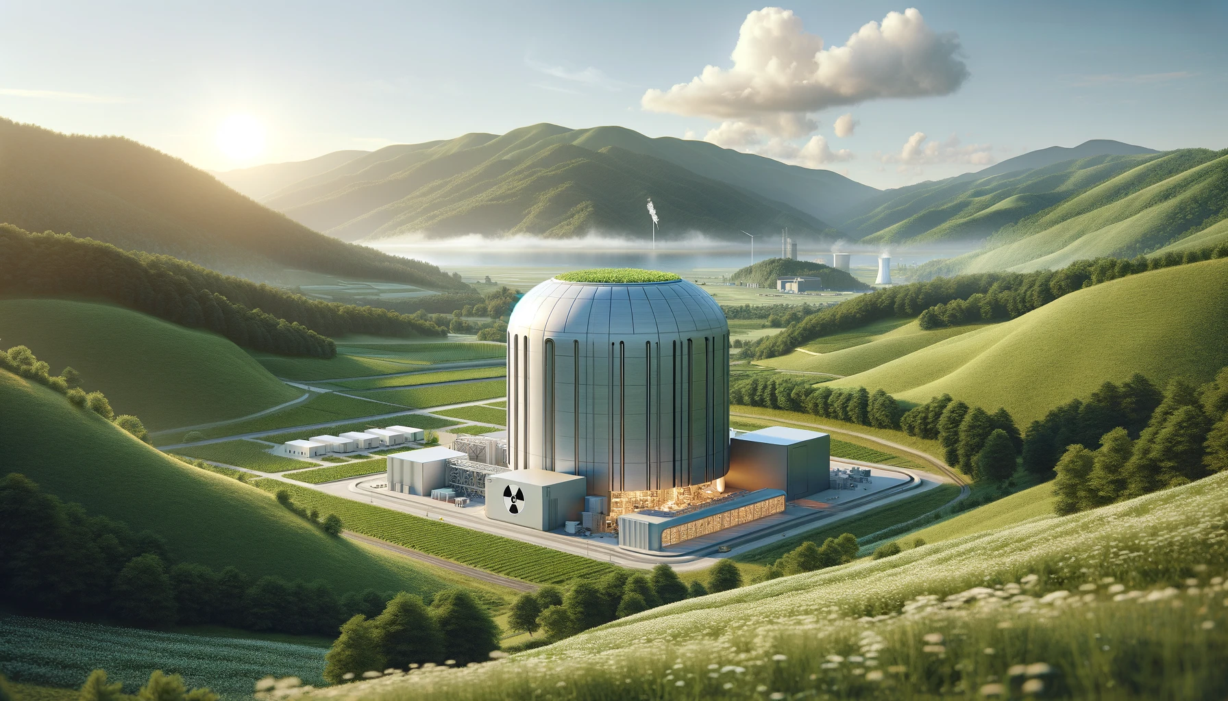 Bild eines modernen Small Modular Reactors (SMR) in einer ländlichen Szenerie, das die kompakte und modulare Bauweise des Reaktors in einer harmonischen Verbindung von Technologie und Natur zeigt.