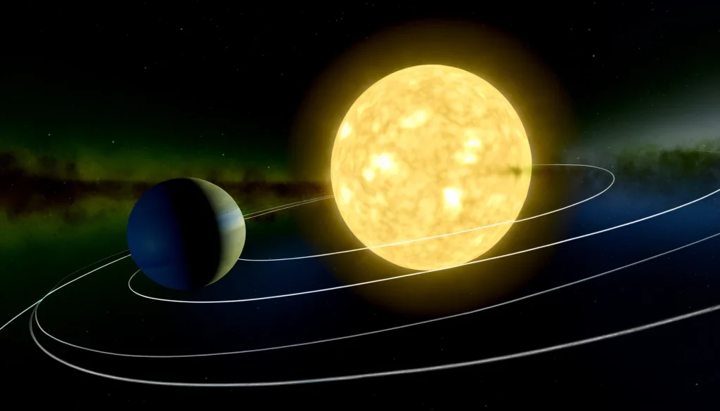 Diese dramatische Darstellung unseres Sonnensystems zeigt eine deutlich vergrößerte Sonne im Zentrum, die starke gravitative Kräfte ausübt. Abgebildet sind nur drei Planeten: die Erde, erkennbar an ihren blauen und grünen Farben, sowie zwei weitere Planeten