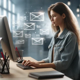 A young woman sits in front of a computer, composing an email.