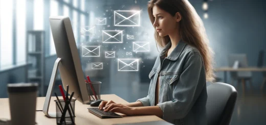 A young woman sits in front of a computer, composing an email.