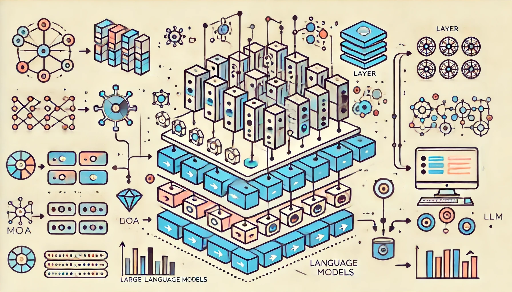 An illustration depicting a layered Mixture of Agents (MoA) architecture with multiple Large Language Models (LLMs) collaborating and showcasing various LLMs.