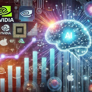 Illustration einer futuristischen digitalen Oberfläche mit steigenden Aktienkursen, einem leuchtenden KI-Gehirn im Zentrum und Symbolen großer Tech-Unternehmen wie Nvidia, Amazon, Apple, Microsoft und Alphabet. Das Bild zeigt den Einfluss von Künstlicher Intelligenz auf den Aktienmarkt.