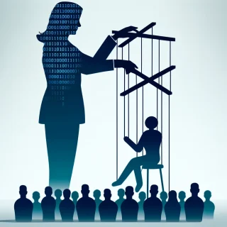 Minimalistisches Bild eines Politikers, der eine Marionette steuert, die für Wähler steht, mit Binärcodes, die den Einfluss von KI auf politische Manipulation symbolisieren.