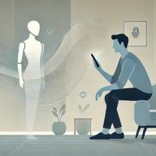 Minimalistische Illustration eines Mannes, der mit einer KI über ein Smartphone kommuniziert. Sanfte Linien symbolisieren die digitale Verbindung.