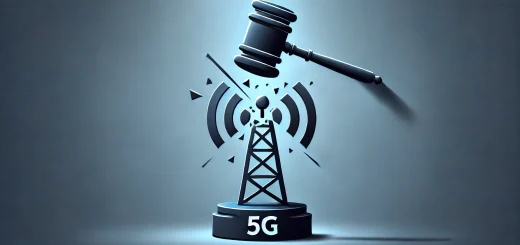 Minimalistische Darstellung eines Richterhammers, der ein 5G-Turm-Icon in zwei Hälften zerbricht, symbolisiert die rechtliche Intervention und den technologischen Umbruch.