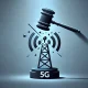 Minimalistische Darstellung eines Richterhammers, der ein 5G-Turm-Icon in zwei Hälften zerbricht, symbolisiert die rechtliche Intervention und den technologischen Umbruch.