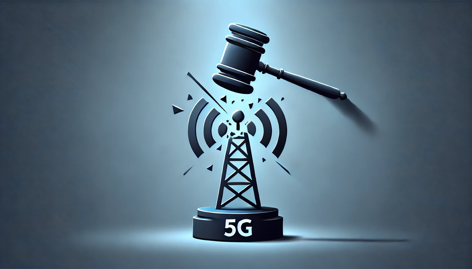 Minimalistische Darstellung eines Richterhammers, der ein 5G-Turm-Icon in zwei Hälften zerbricht, symbolisiert die rechtliche Intervention und den technologischen Umbruch.