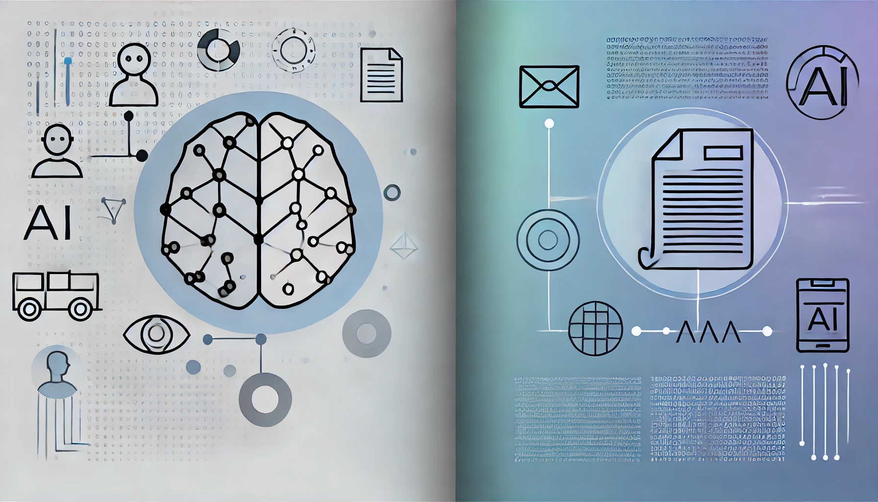 Minimalistische Darstellung von künstlicher Intelligenz und digitaler Produktivität mit einem Gehirn auf der linken Seite und einem digitalen Arbeitsplatz auf der rechten Seite.