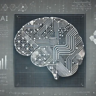 Minimalistische Illustration eines stilisierten Gehirns aus geometrischen Mustern, symbolisierend für fortschrittliche KI-Technologie, mit subtilen mathematischen Symbolen im Hintergrund.