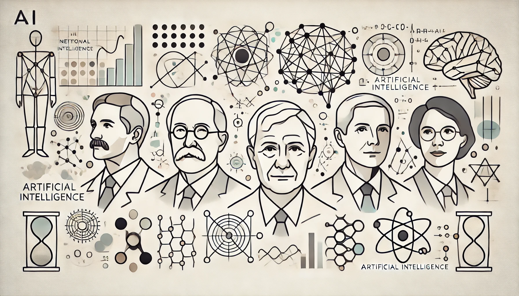 Minimalistische Darstellung von fünf führenden KI-Pionieren, dargestellt durch abstrakte Linien und geometrische Symbole, die ihre Beiträge zu neuronalen Netzen, Daten und mathematischen Modellen repräsentieren.