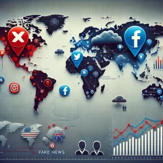 Grafische Weltkarte mit Social Media Symbolen (X, Facebook, Instagram) als rote und blaue Markierungen, die verschiedene Regionen abdecken. Die Karte zeigt die globalen Interaktionen von Social Media Plattformen und politischen Akteuren.