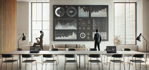 Minimalistisch eingerichtetes Büro mit einem großen Bildschirm, der verschiedene Datenvisualisierungen und Diagramme anzeigt. Ein Geschäftsmann betrachtet die Grafiken, während andere Mitarbeiter an Laptops arbeiten oder auf Tablets lesen. Der Raum ist hell, offen und schlicht gestaltet.