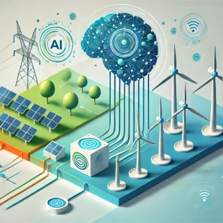 Darstellung der Verbindung von Künstlicher Intelligenz mit Erneuerbaren Energien wie Windkraft und Solar