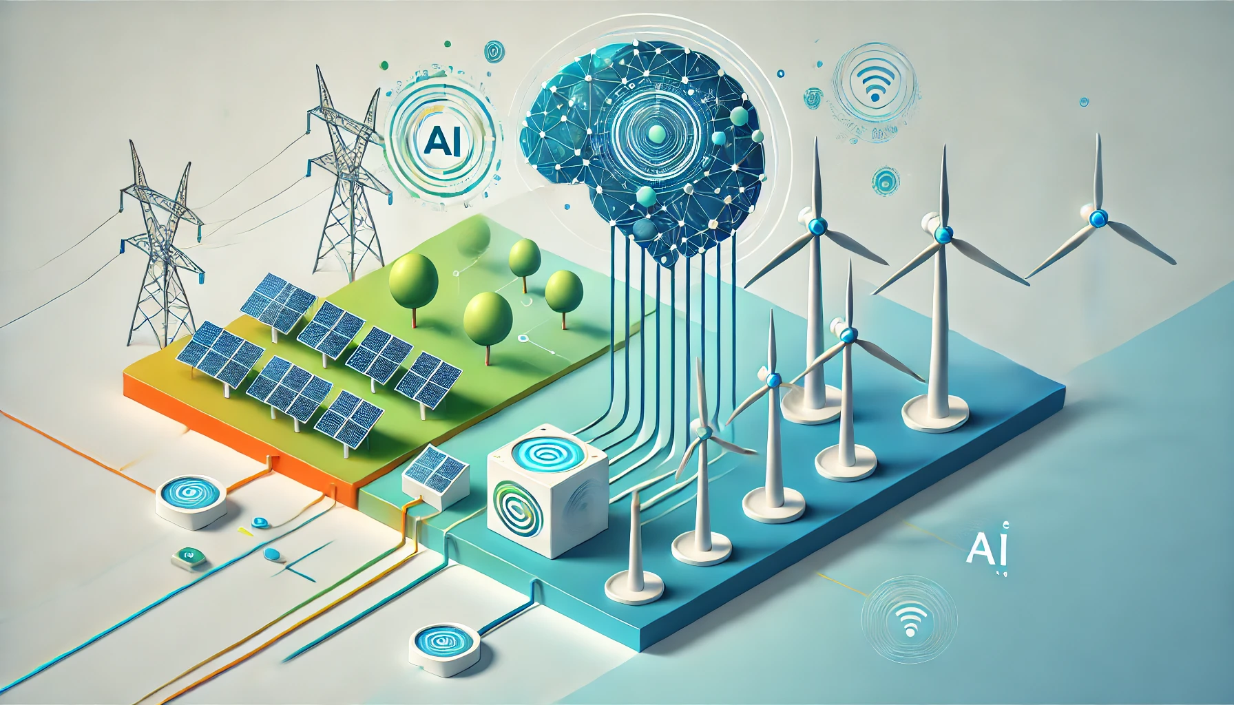 Darstellung der Verbindung von Künstlicher Intelligenz mit Erneuerbaren Energien wie Windkraft und Solar