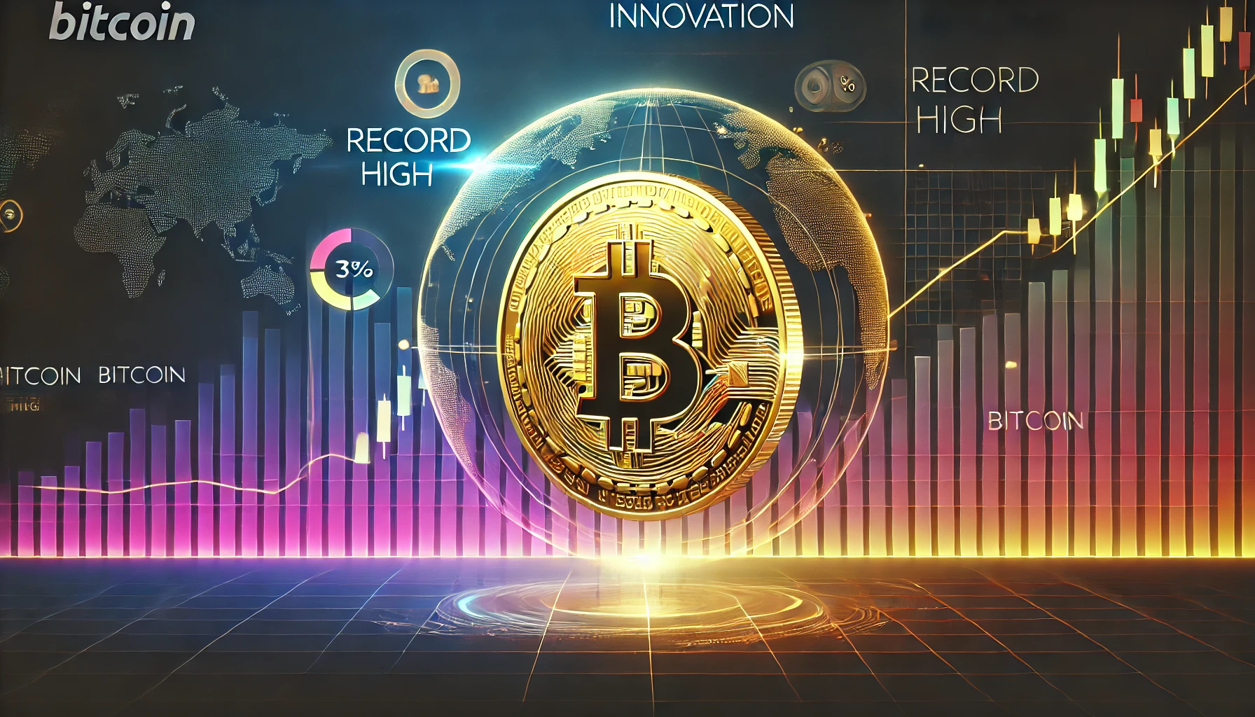 Digitale Bitcoin-Münze vor einem Hintergrund aus Finanzdaten und aufsteigenden Diagrammen, die den Kursanstieg symbolisieren.