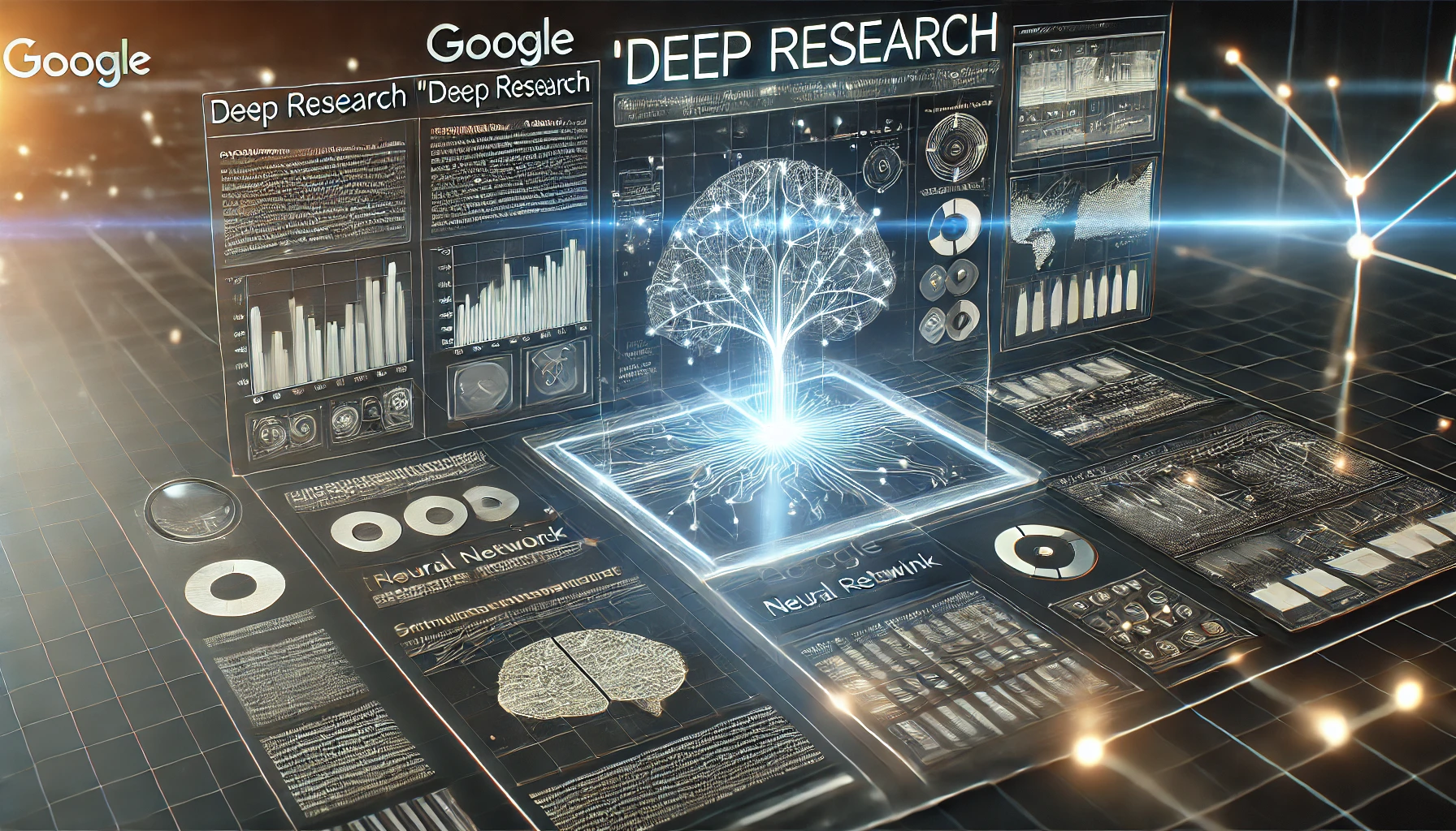 Ein futuristisches, digitales Interface, das die Funktionen von Google Gemini "Deep Research" darstellt. Zu sehen ist ein strukturierter Forschungsbericht mit Diagrammen, Datenvisualisierungen und hervorgehobenen Texten, umgeben von leuchtenden Linien, die neuronale Netzwerke symbolisieren. Der Hintergrund ist minimalistisch mit einem technologischen, modernen Design.